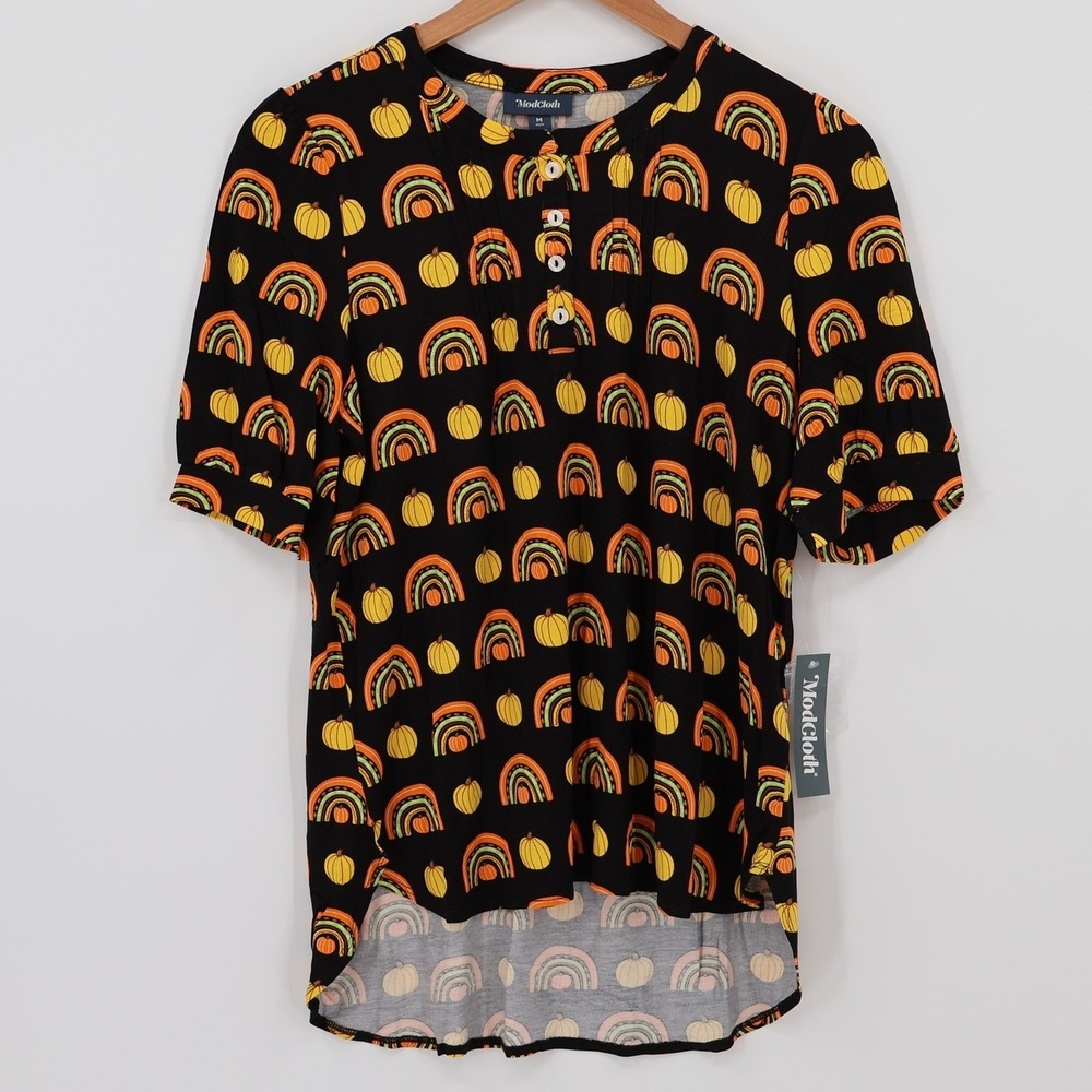 NWT ModCloth Pumpkin Rainbow Popover Top Womens Halloween Fall Novelty Size M